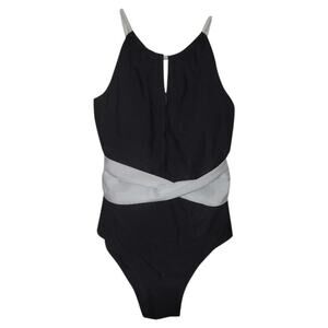 New Anthropologie High Neck One-Piece Plunge Swimsuit B&W Small Ruched Waist